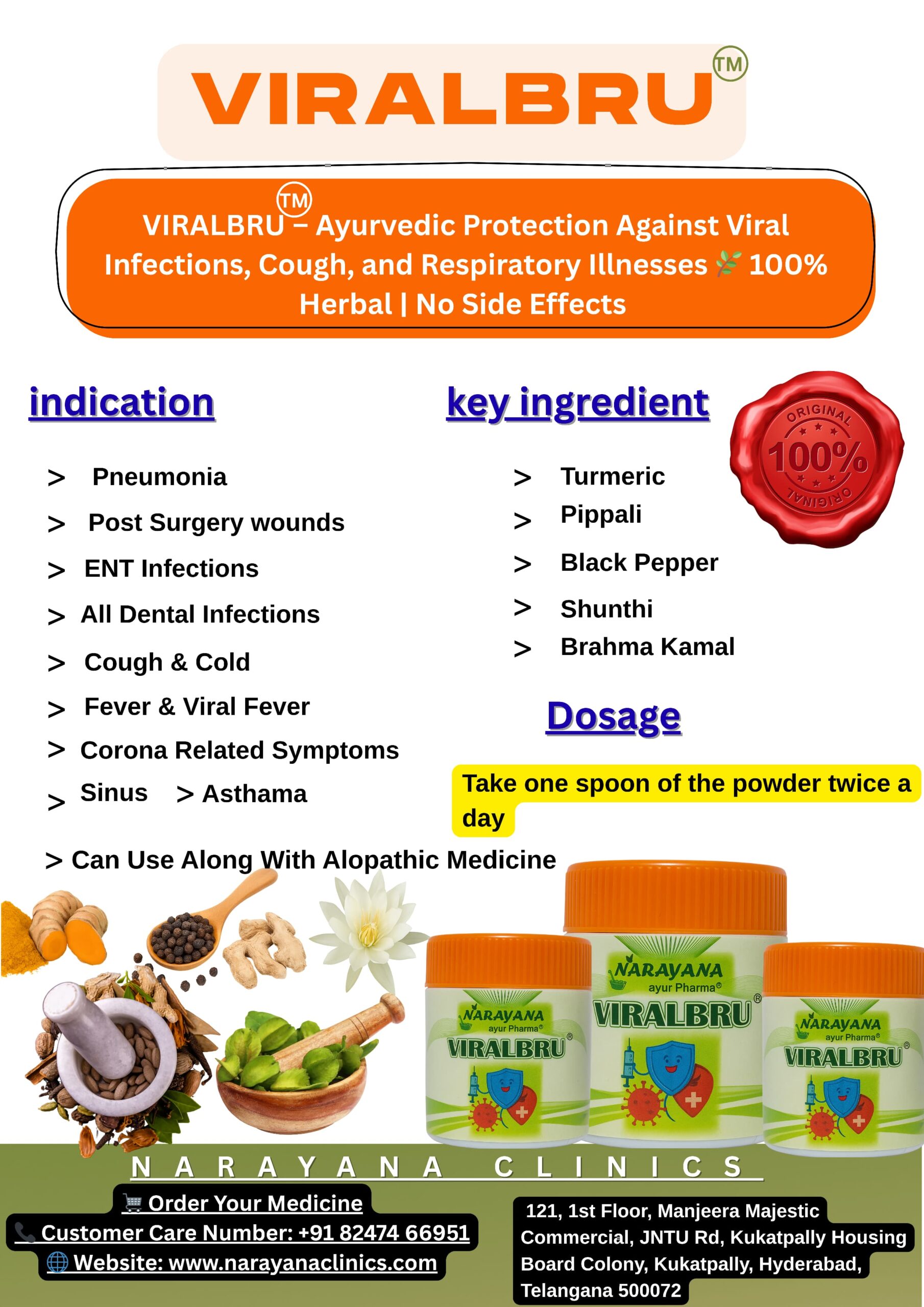 VIRALBRU Ayurvedic medicine for viral infections, cough, fever, and respiratory issues – 100% herbal powder by Narayana Clinics, showing product jars, natural ingredients like turmeric, black pepper, and ginger, with dosage and clinic contact details.